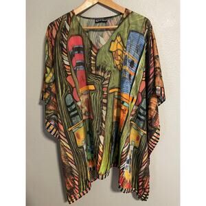 Dilemma Dhun Shroff Womens Kimono One Size Silk Colorful Art Print Boho Kaftan